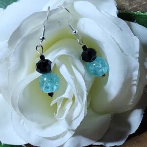 Hand Crafted Dangle Earrings With Crackled Blue and Faceted Black Beads